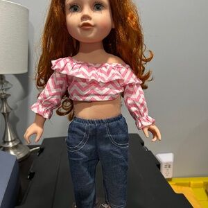 Journey Girls Doll Stylish Pink and Blue outfit red hair green eyes.